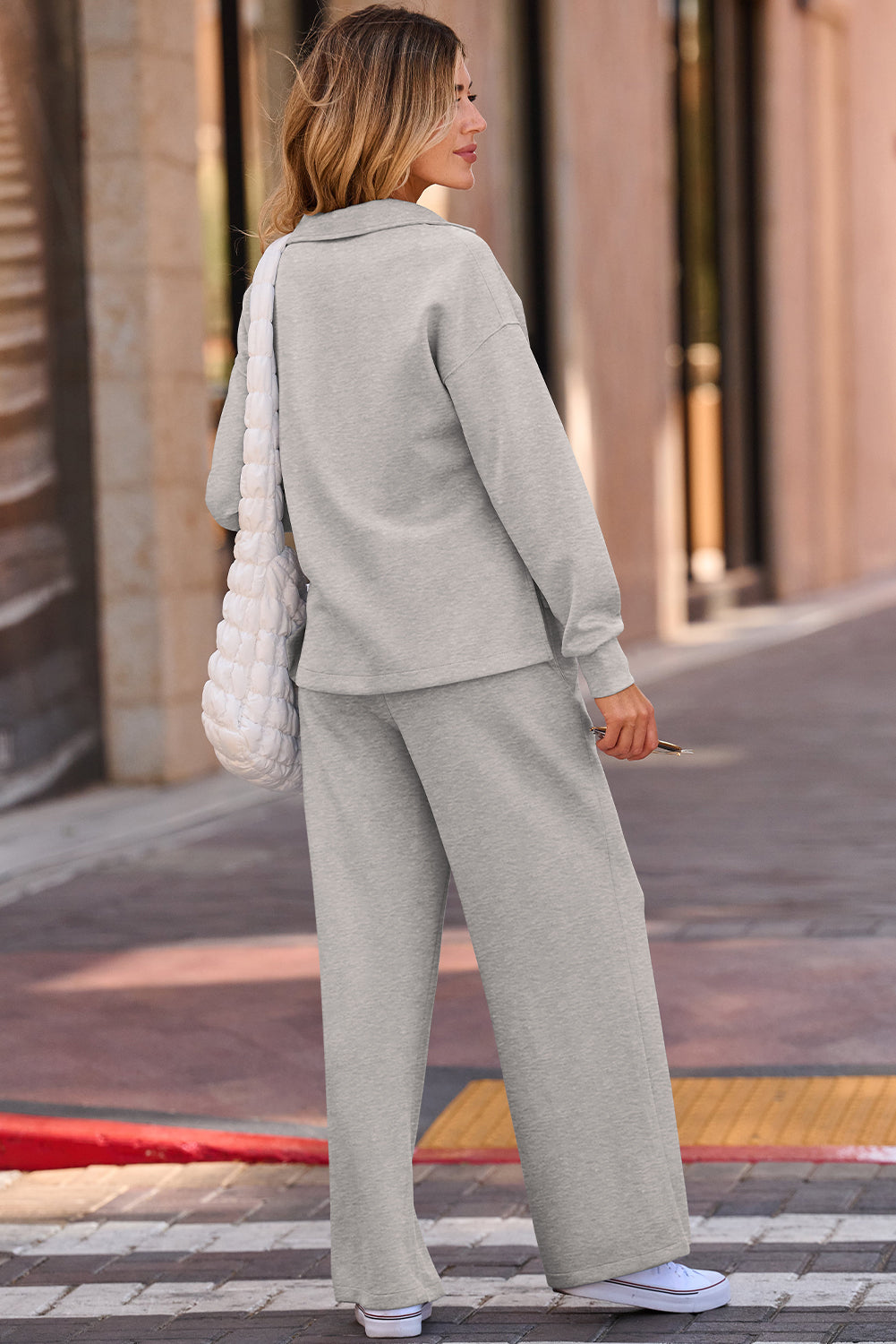 Gray Solid Color V Neck Top and High Waist Pants Set
