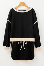 Rose Red Color Contrast Loose Pullover and Lace-up Waist Skort Set