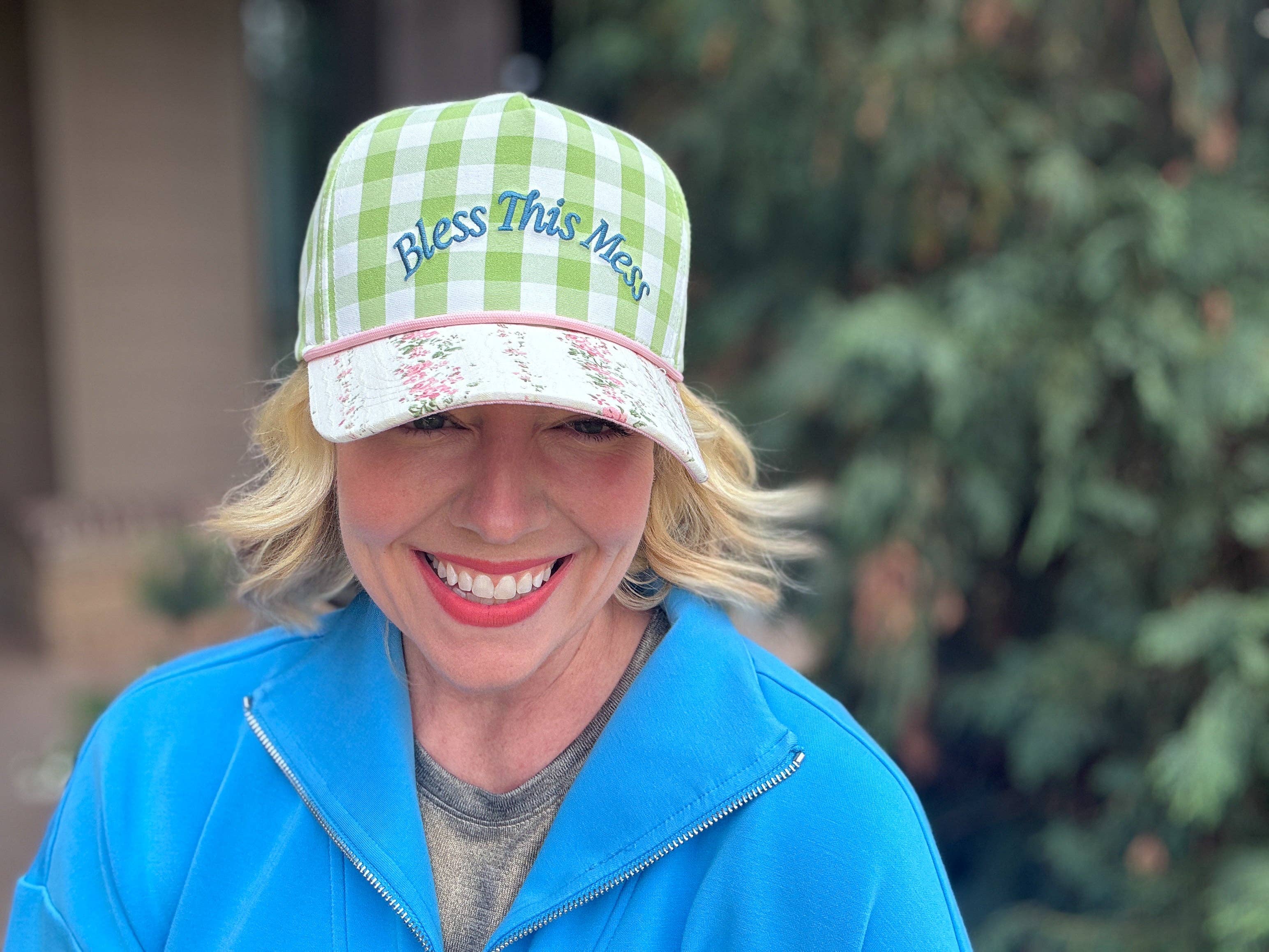 Embroidered Baseball Cap - "Bless This Mess" - Green Gingham