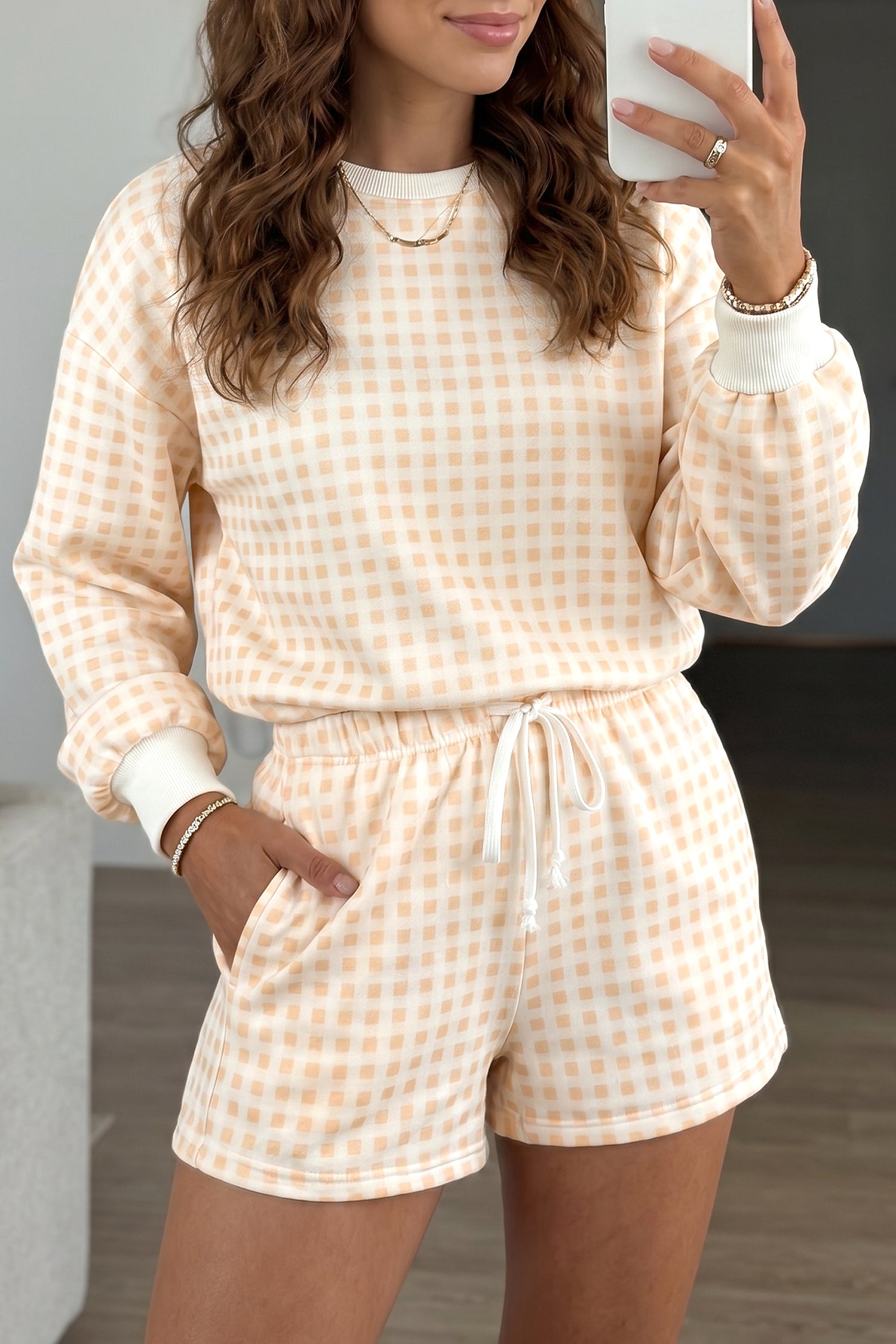Sky Blue Plaid Baggy Pullover Drawstring Casual Shorts 2pcs Outfit