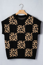 Black Leopard Checkerboard Short Sleeve Knit Sweater