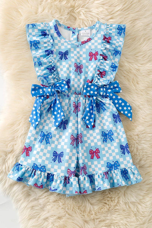 Patriotic bow printed jumpsuit with checker.