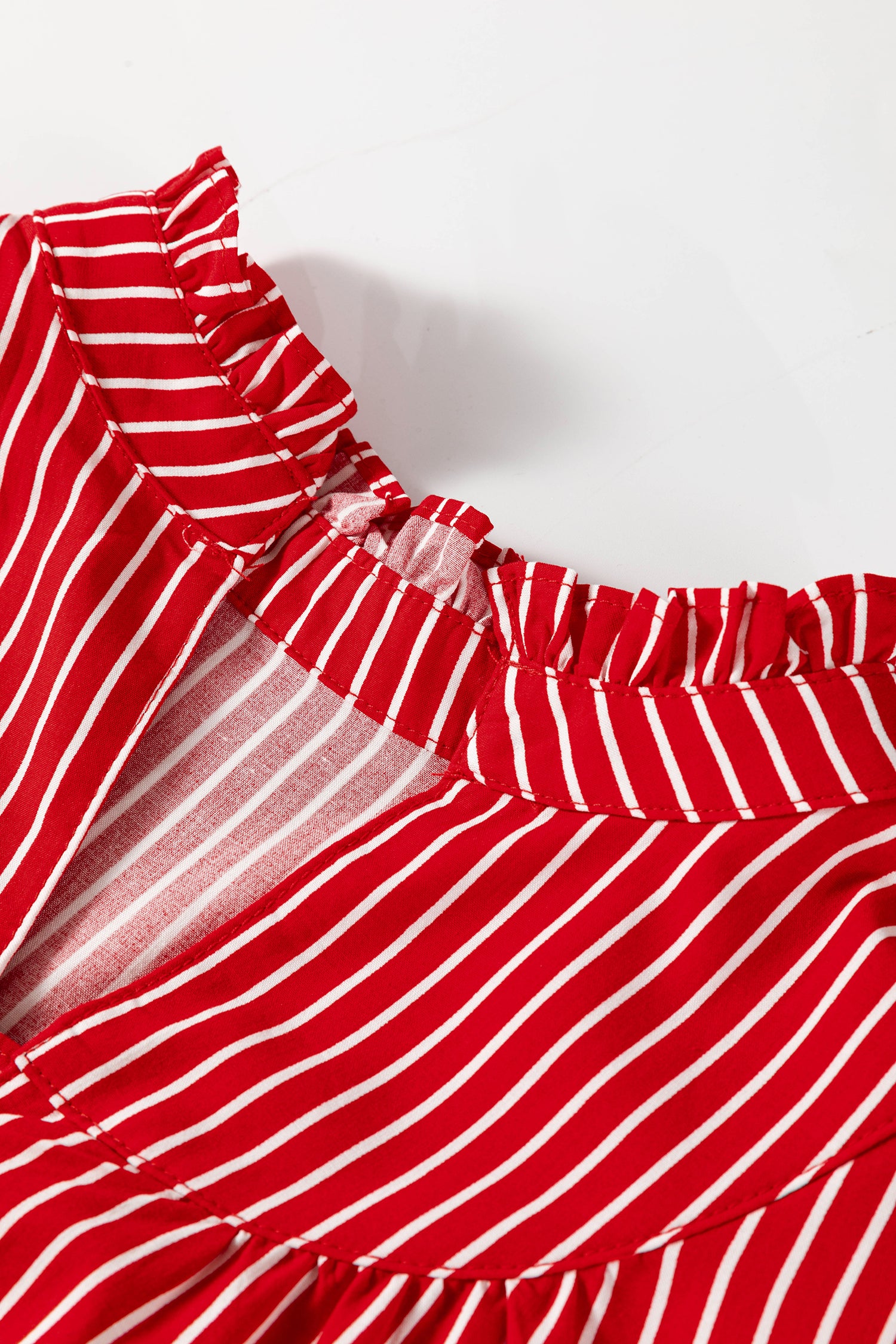 Stripe Ruffled Short Puff Sleeve Button Front Blouse