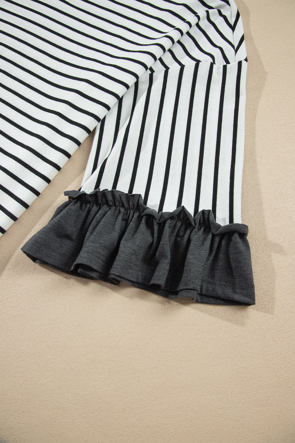 Gray Stripe V Neck Ruffle Contrast Sleeve Top Drawstring Pants 2pcs Set