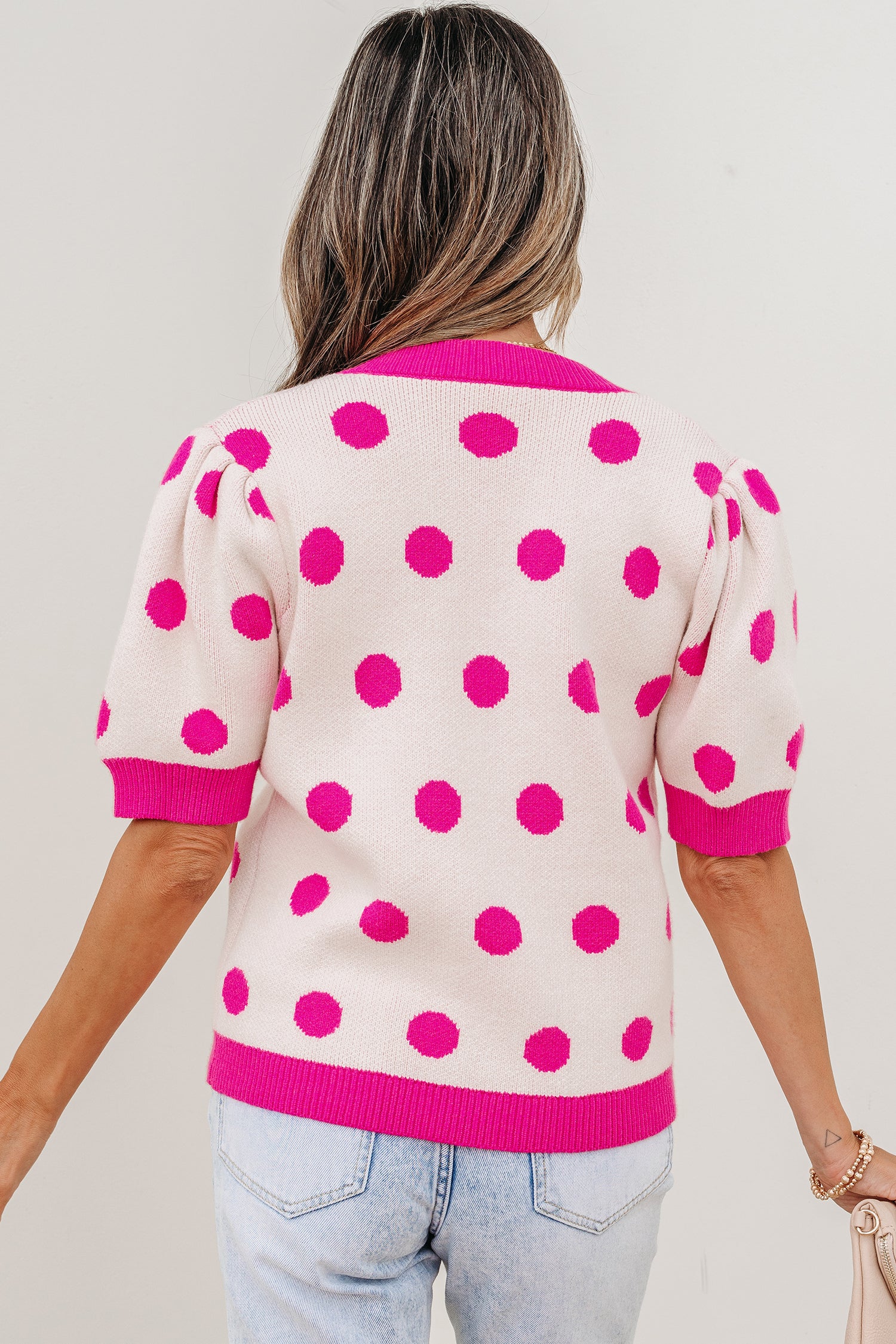 Rose Red Polka Dot Puff Short Sleeve Sweater Top