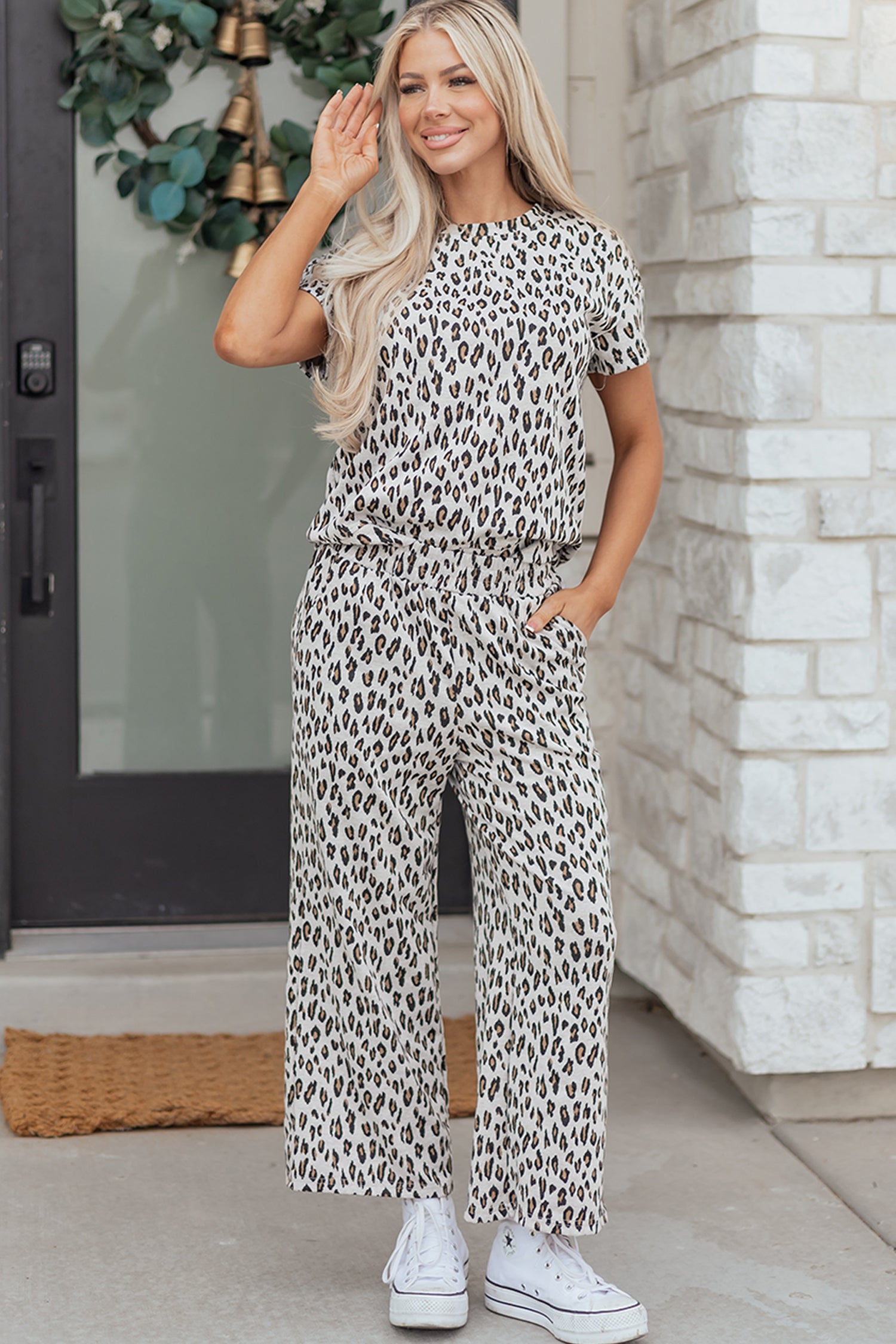 Beige Leopard Print Casual Tee and Pants 2pcs Outfit