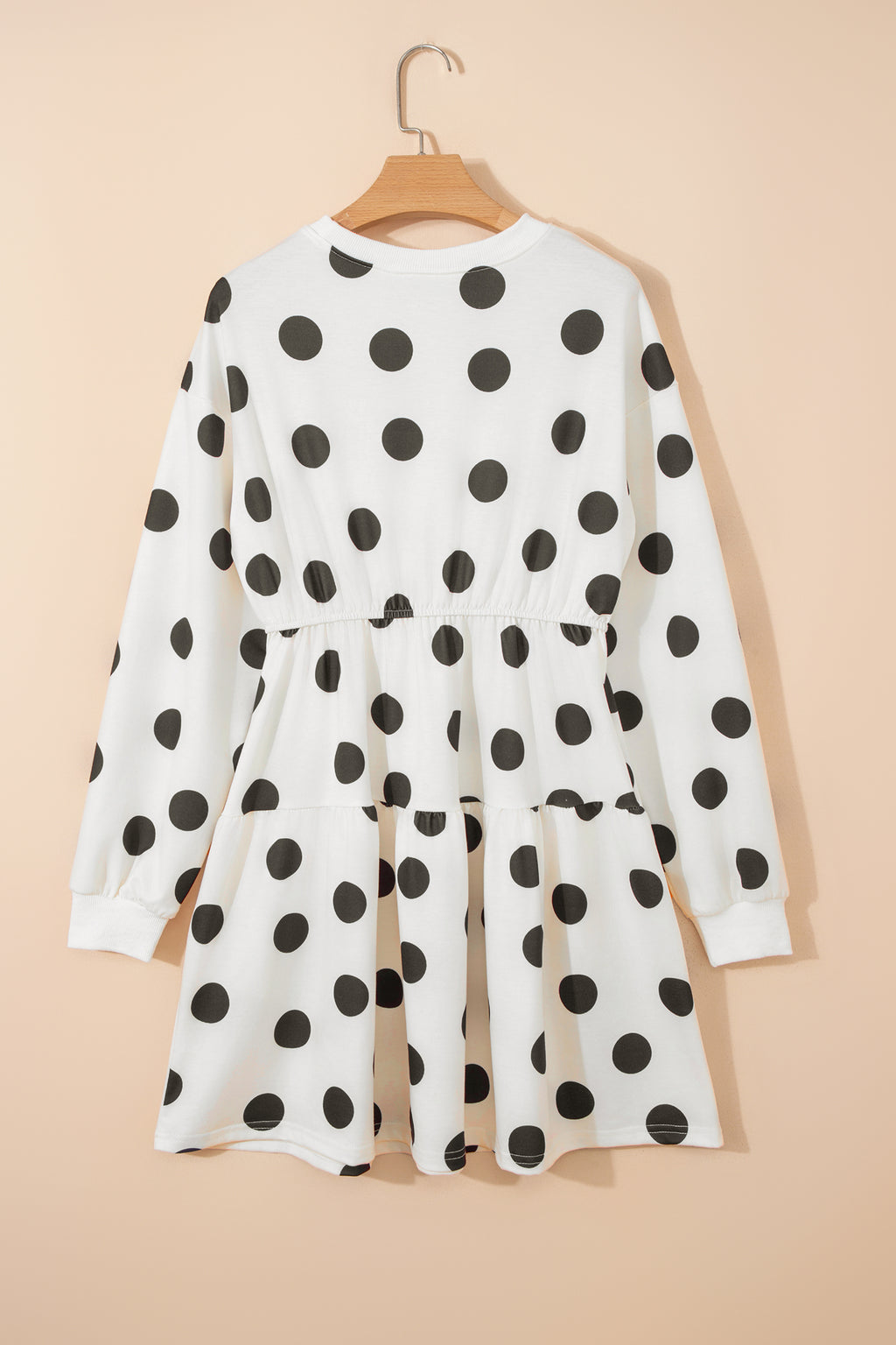 White Polka Dot Printed Long Sleeve Flared Mini Dress