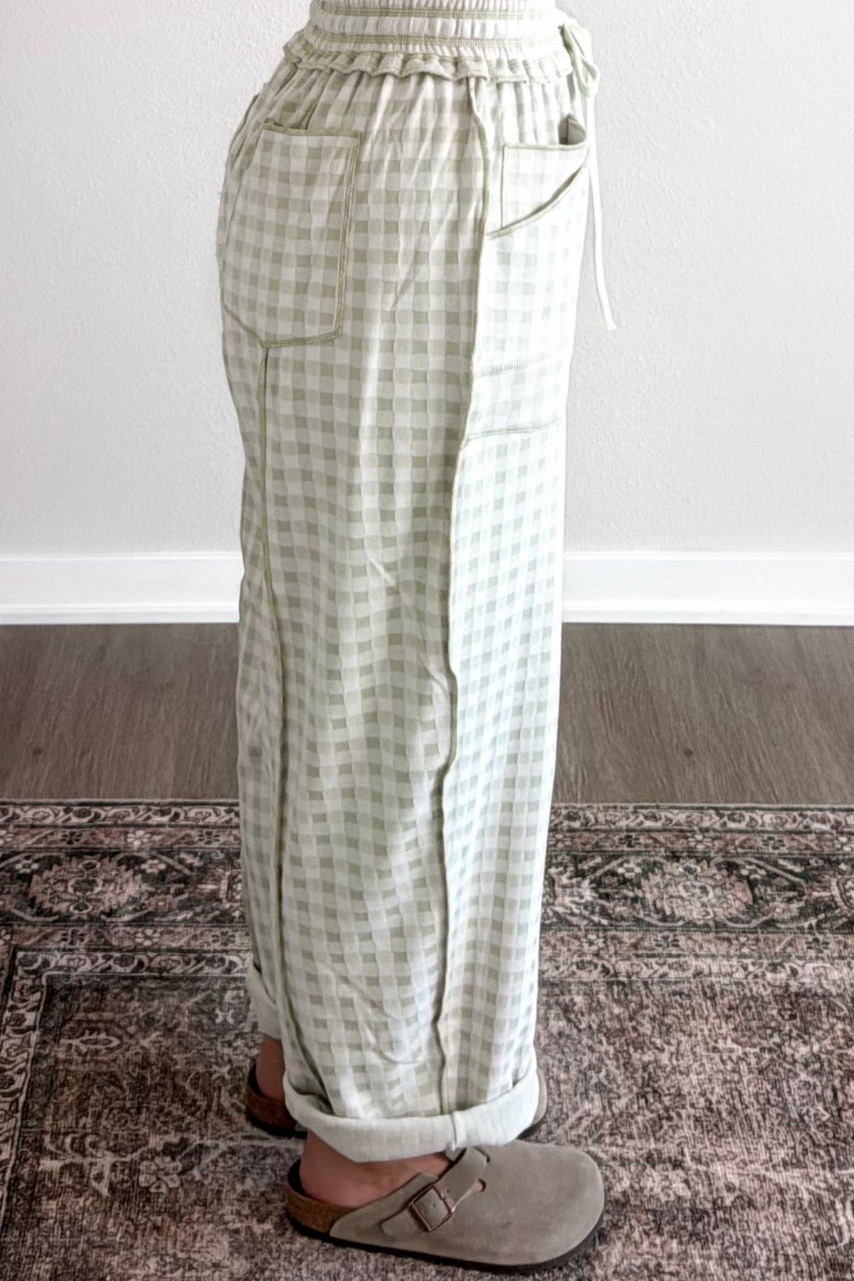Plaid contrast trim drawstring elastic waist shift pants by Dear-Lover, featuring a relaxed fit and stylish pattern.