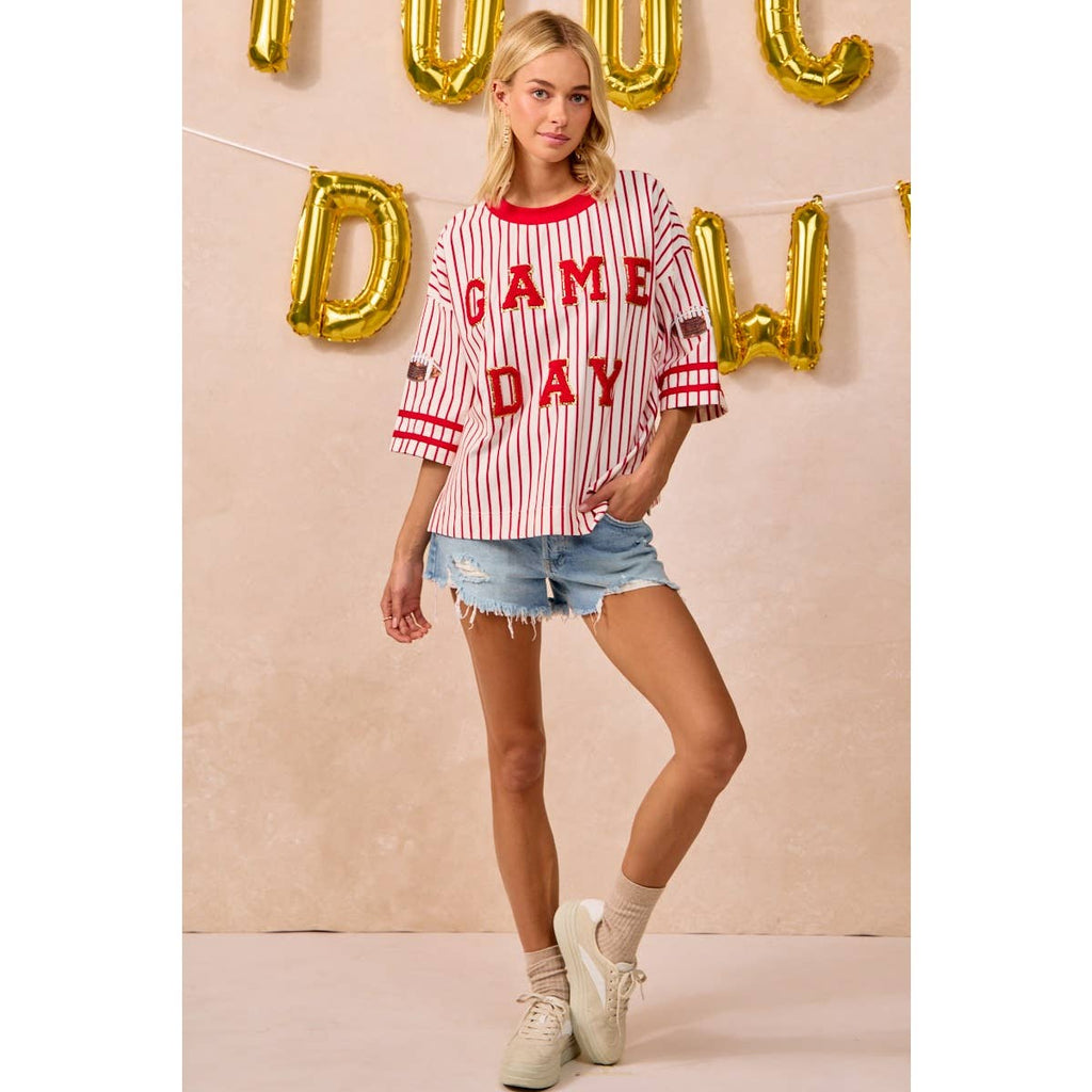 GAMEDAY THEME STRIPE KNIT TOP WITH SLEEVE PATCHED
