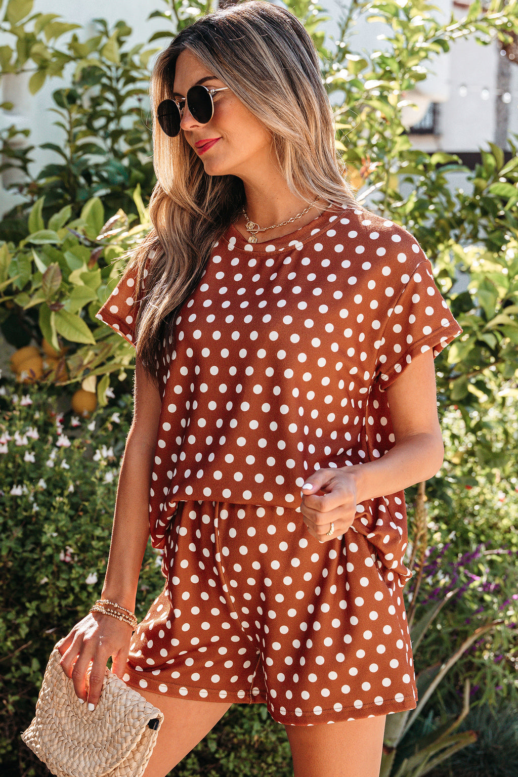 Brown Polka Dot Print Short Set