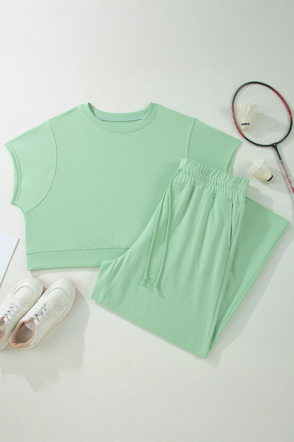 Mist Blue Solid Color Ribbed Trim Short Sleeve Top Drawstring Loose Pants 2pcs Outfit