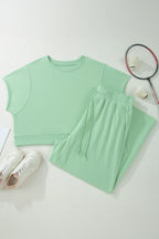 Mist Blue Solid Color Ribbed Trim Short Sleeve Top Drawstring Loose Pants 2pcs Outfit