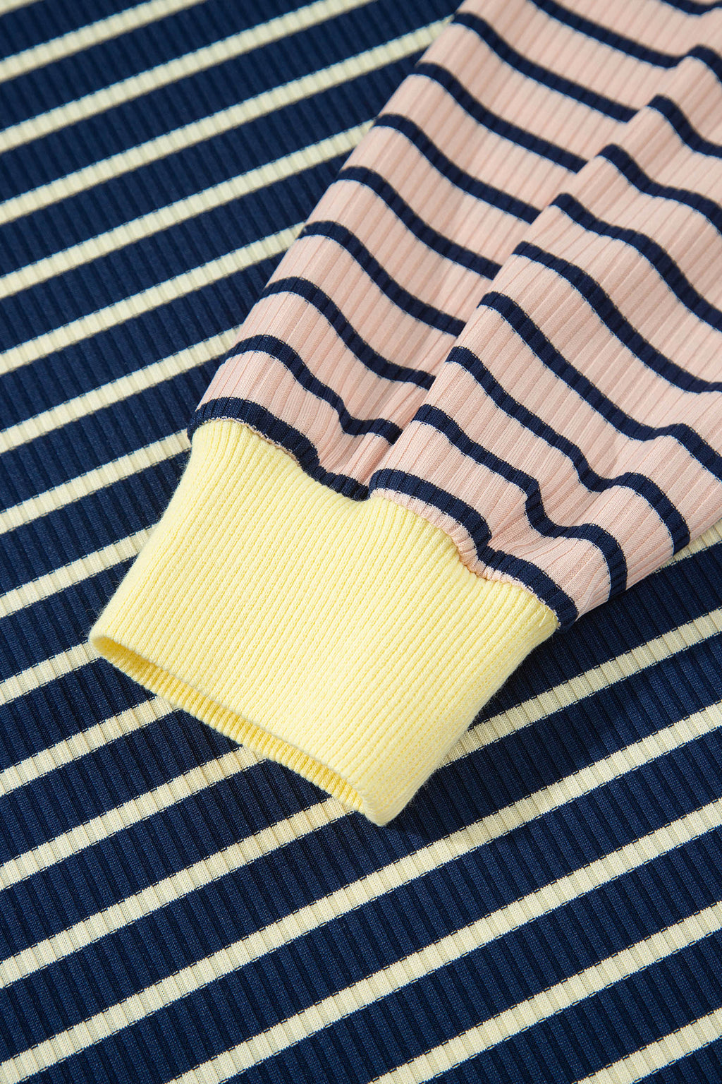 Blue Stripe Color Block Long Sleeve Pullover Ribbed Knit Casual Shorts Set