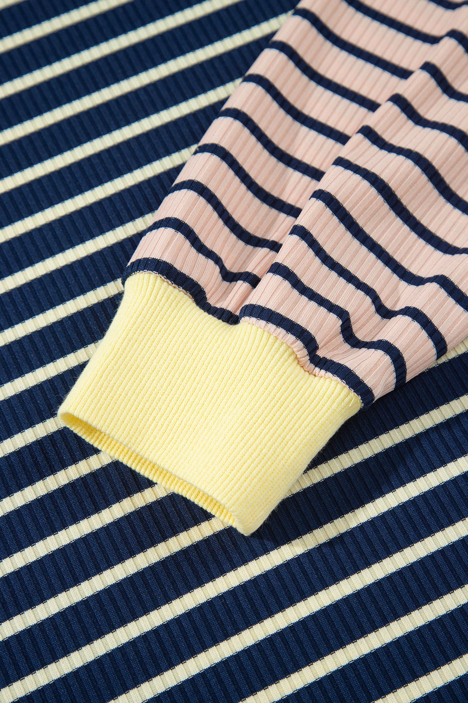Blue Stripe Color Block Long Sleeve Pullover Ribbed Knit Casual Shorts Set