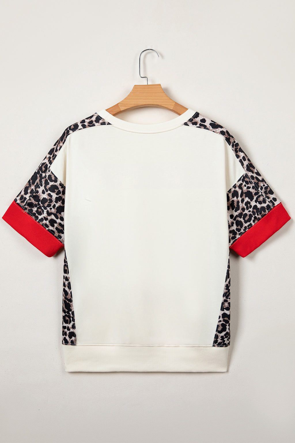 Beige Leopard Block Patchwork Uneven Hem Short Sleeve Top