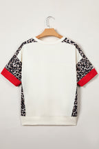 Beige Leopard Block Patchwork Uneven Hem Short Sleeve Top