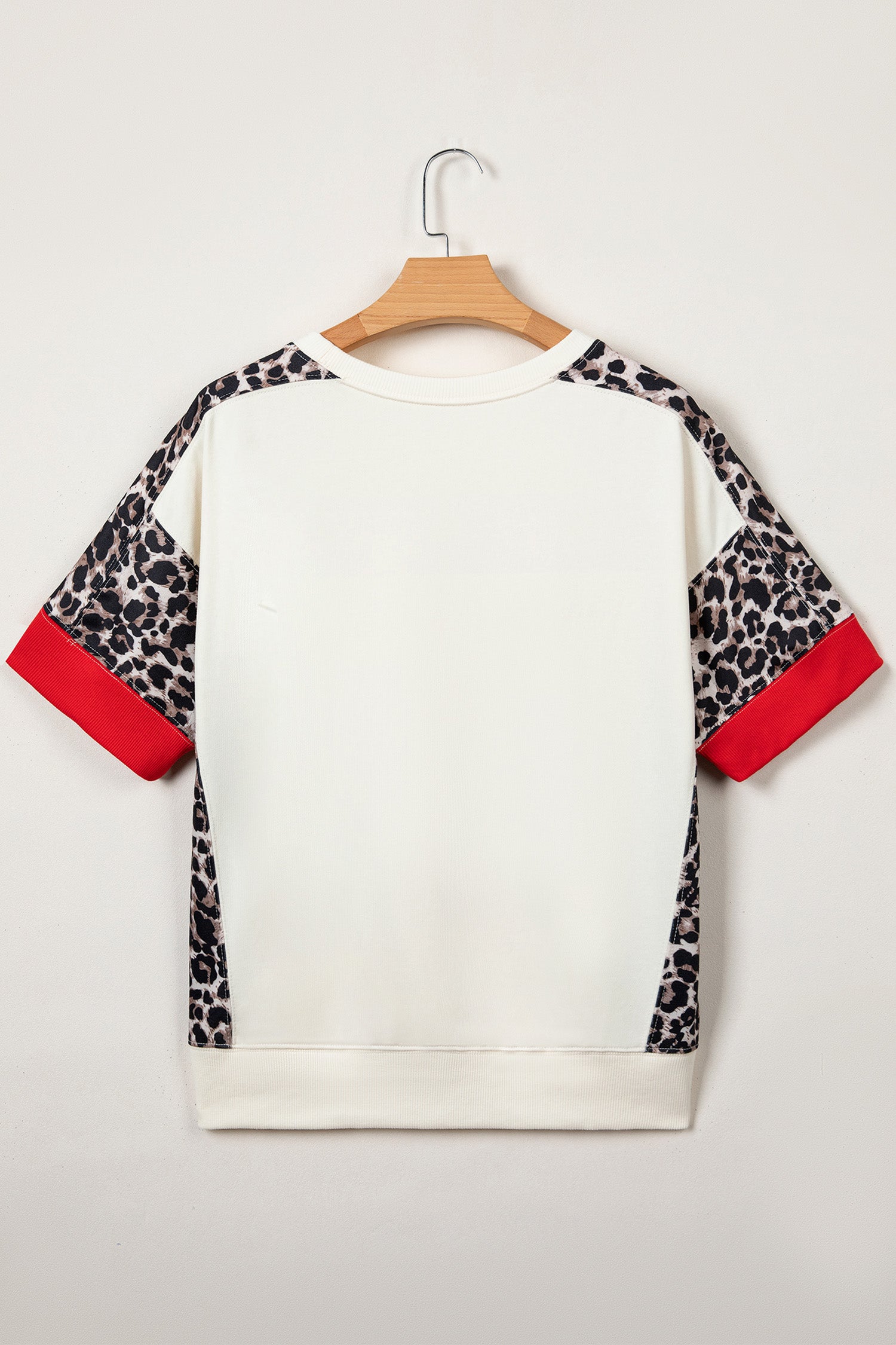 Beige Leopard Block Patchwork Uneven Hem Short Sleeve Top
