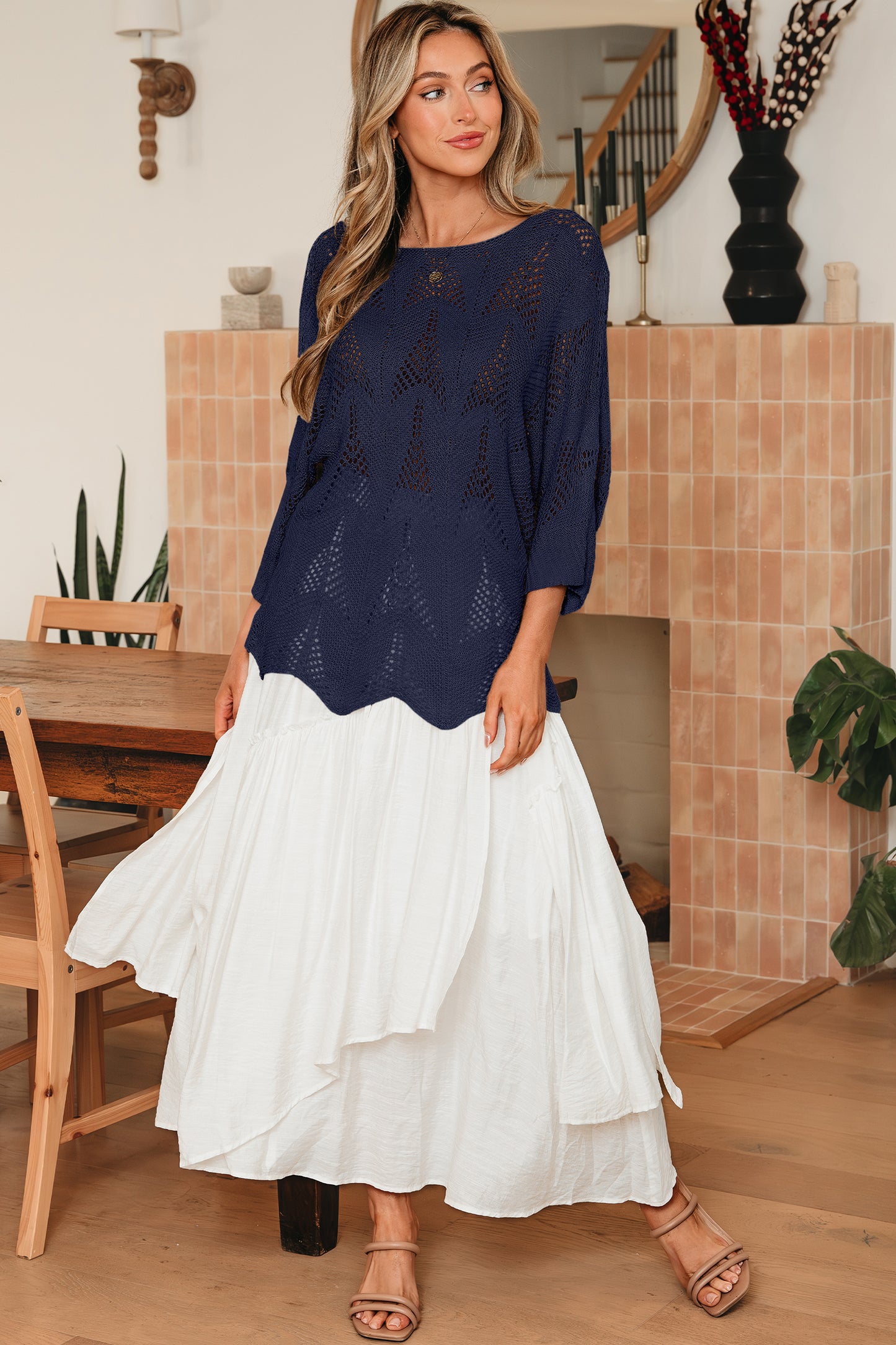 Hollow Out Knit 7/8 Sleeve Casual Sweater