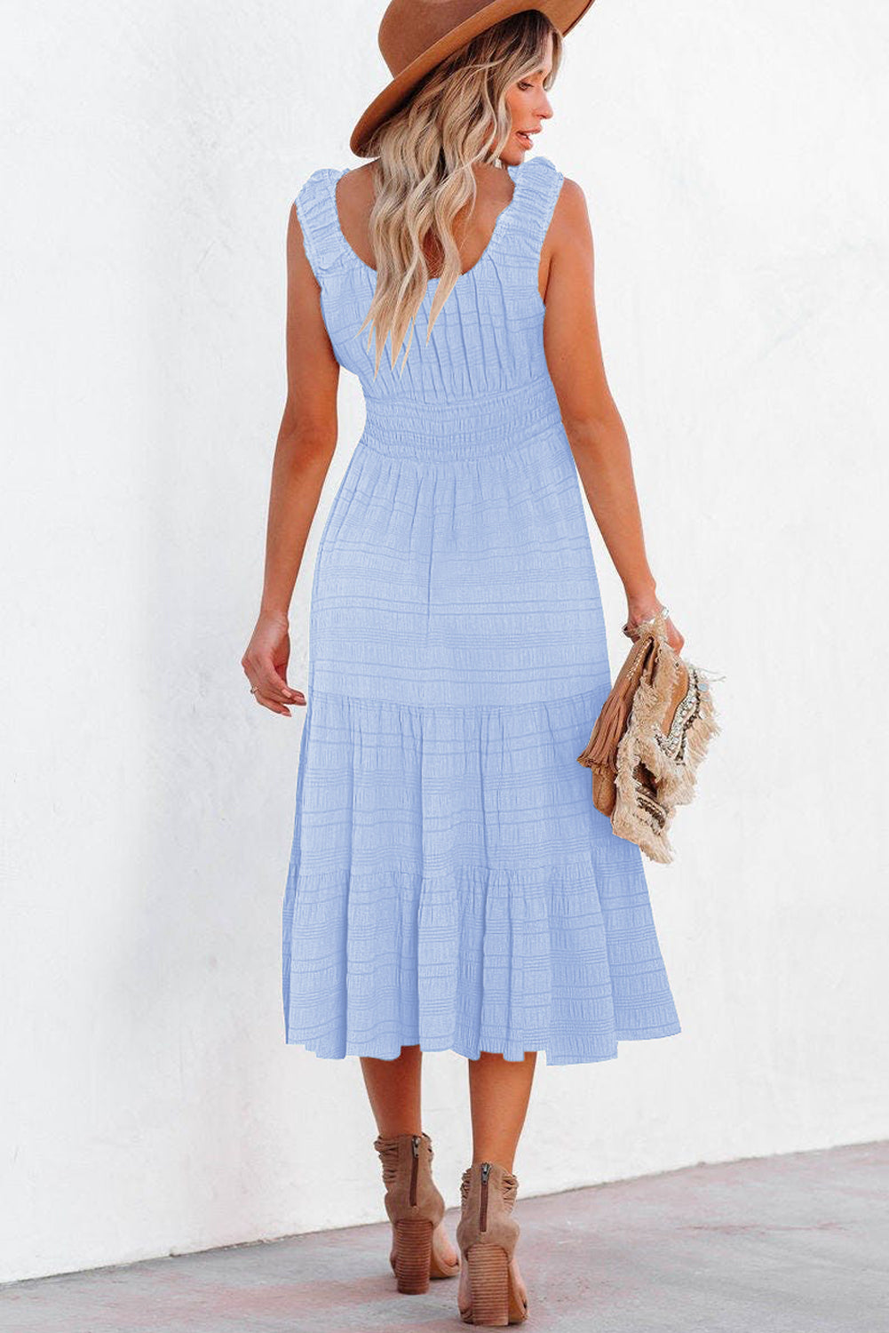 Shirred Pleated Square Neck Sleeveless Midi Dress