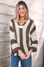 Stripe Colorblock V Neck Bracelet Sleeve Sweater