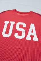 Fiery Red USA Graphic Half Sleeve Loose Ribbed Top