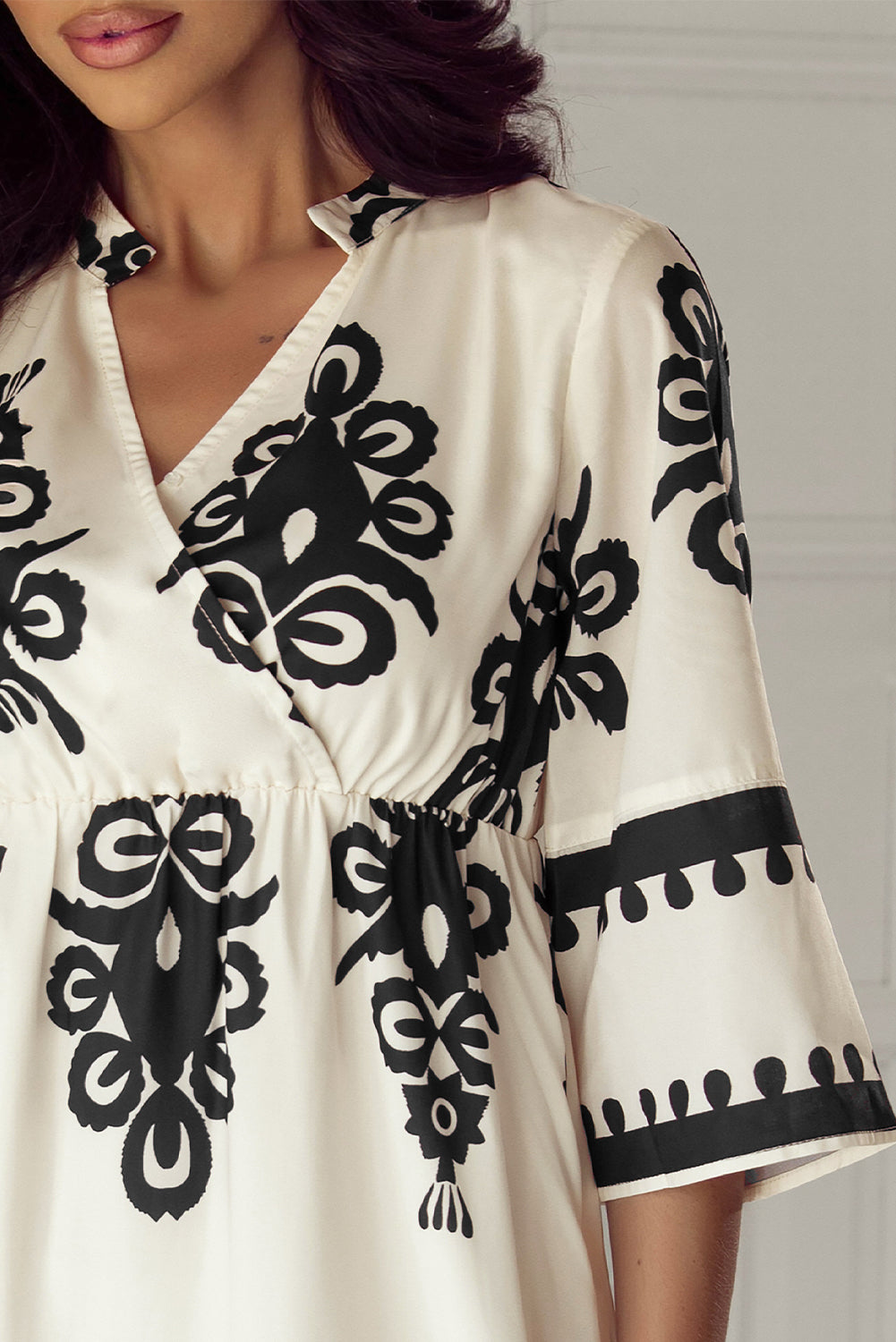 Black Western Geometric Print 3/4 Sleeve Loose Midi Dress