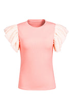 White Dotty Mesh Ruffle Sleeve Ribbed Knit Top