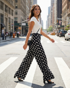 Black Polka Dot Print Patched Pocket Mid-rise Straight Leg Pants