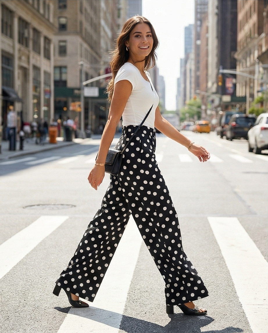 Black Polka Dot Print Patched Pocket Mid-rise Straight Leg Pants