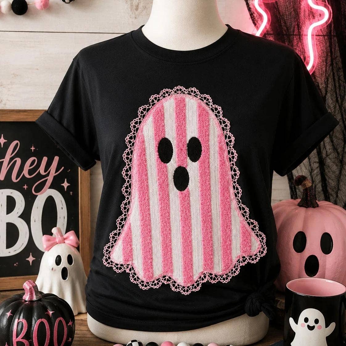 Pink striped ghost lace patch women's tee by Trendy Tee Co., featuring a casual fit and decorative lace detail.