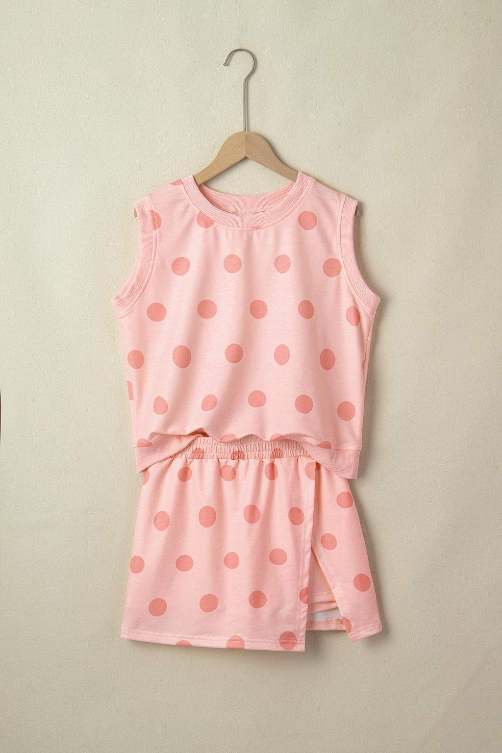 Sky Blue Ribbed Trim Polka Dot Print Tank Split Mini Skort 2pcs Set