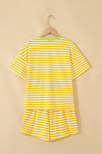 Stripe Contrast Neck Loose Tee and Drawstring Shorts Set