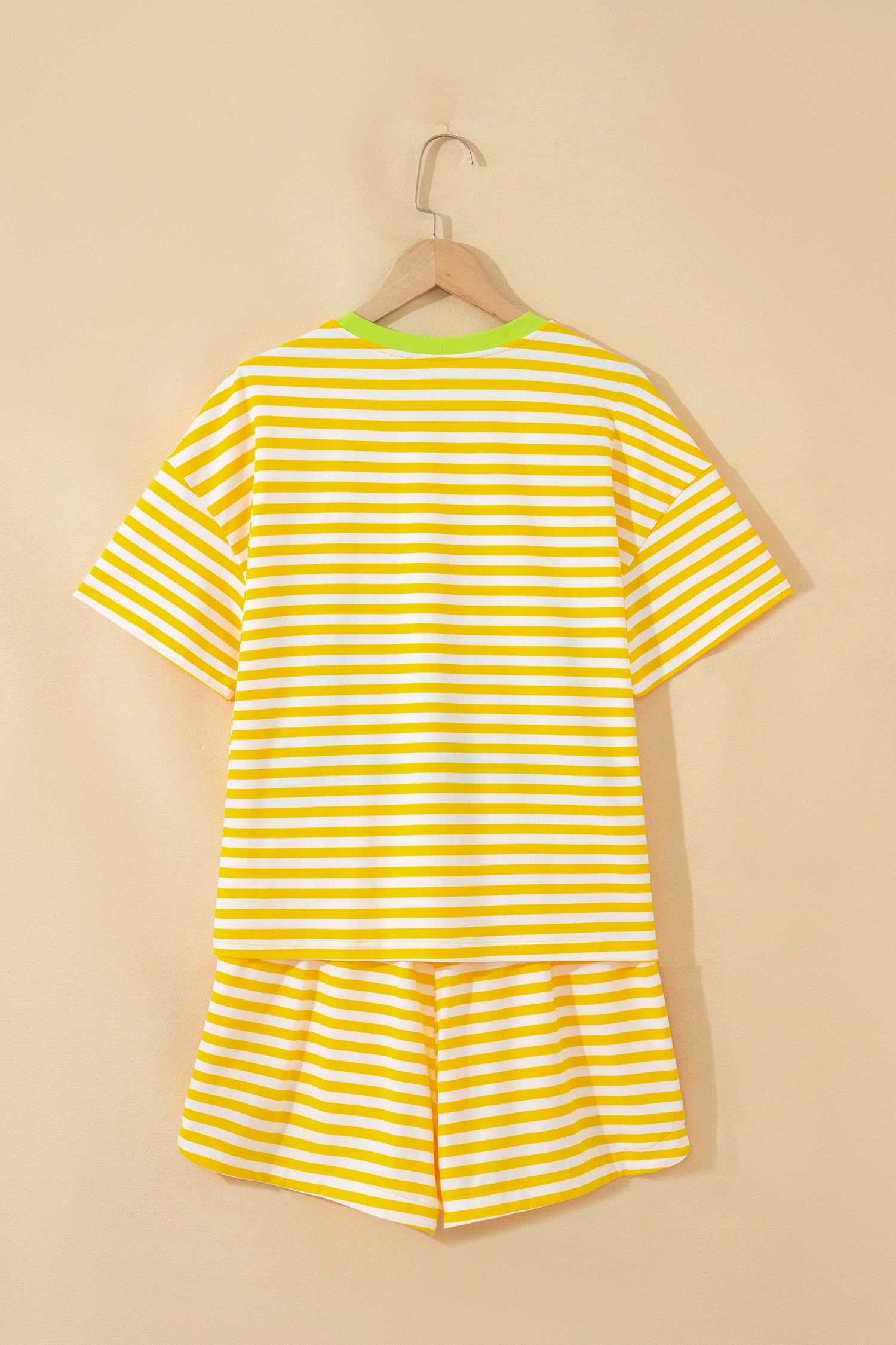 Stripe Contrast Neck Loose Tee and Drawstring Shorts Set
