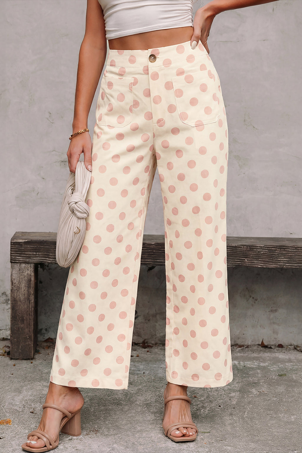 White Polka Dot Print Patched Pocket Loose Pants