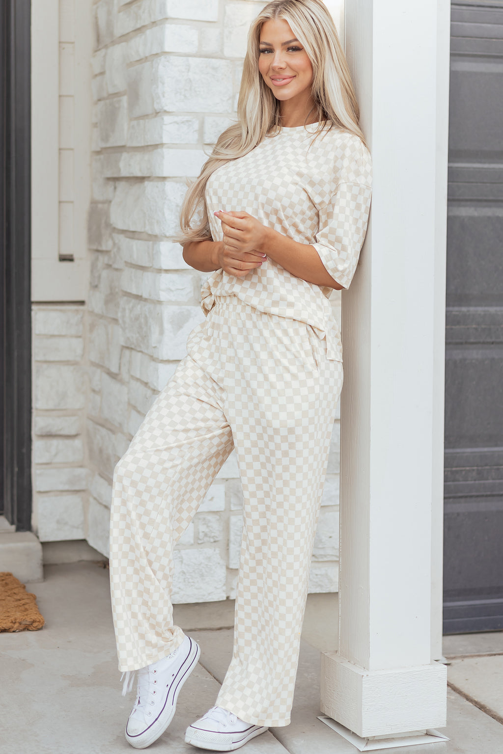 Rose Checkered Print Half Sleeve Tee 2pcs Lounge Pant Set