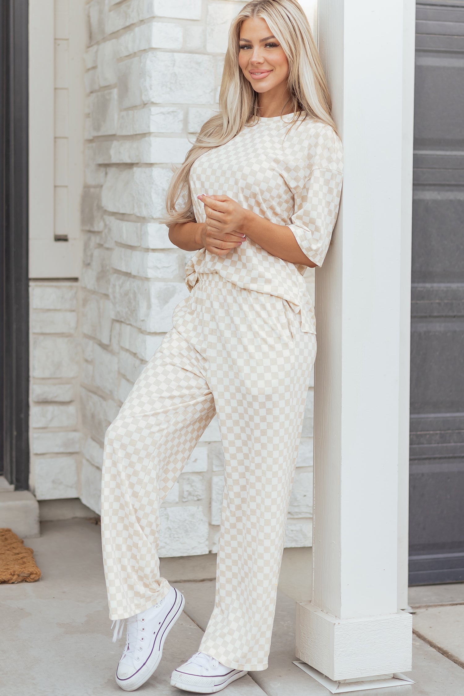 Rose Checkered Print Half Sleeve Tee 2pcs Lounge Pant Set