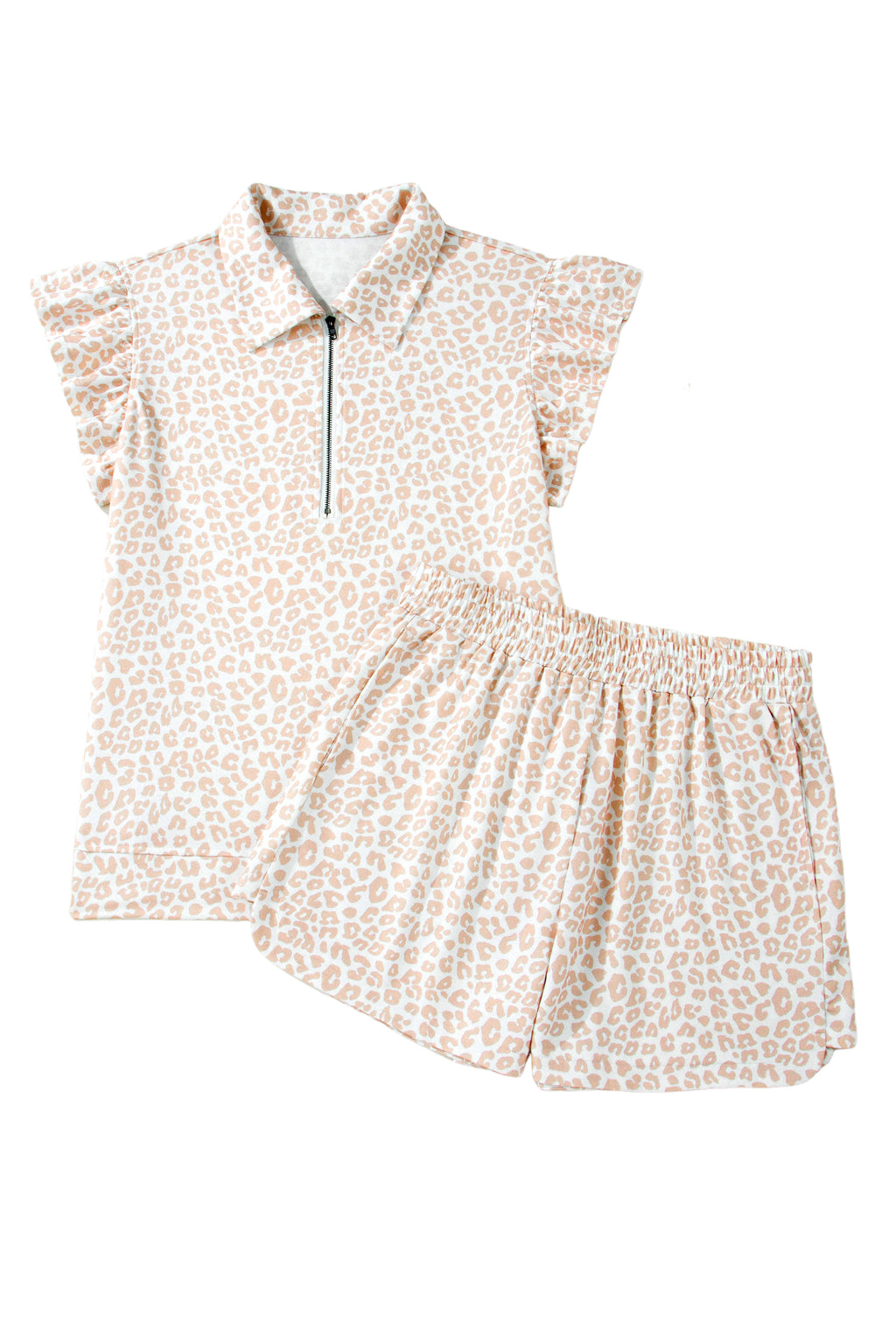 Beige Leopard Zip Polo Top 2pcs Short Set