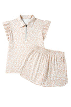 Beige Leopard Zip Polo Top 2pcs Short Set