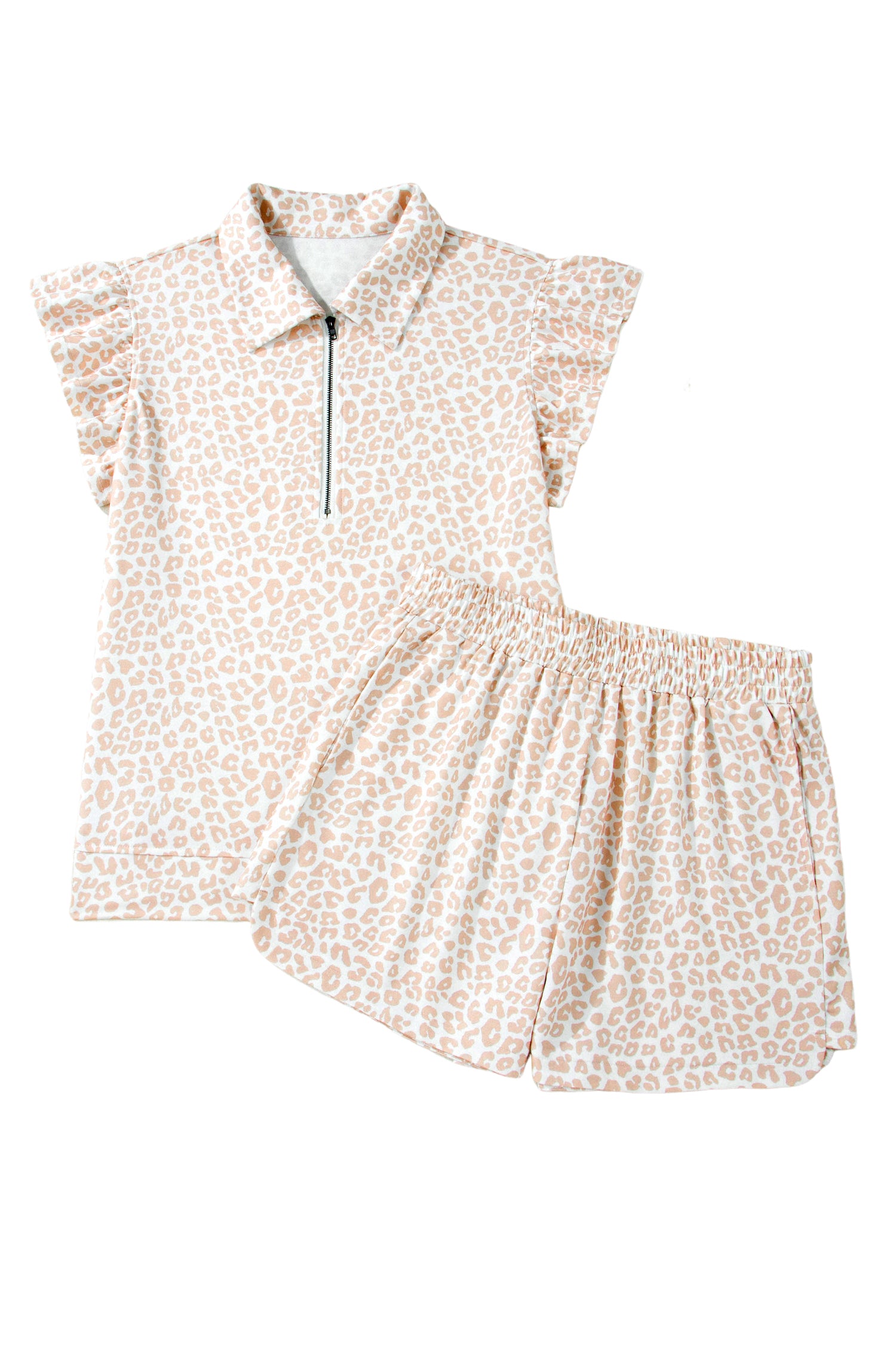 Beige Leopard Zip Polo Top 2pcs Short Set