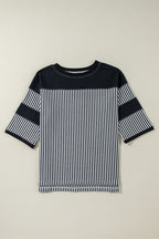 Black White Striped Patchwork 3/4 Sleeve Oversize Top