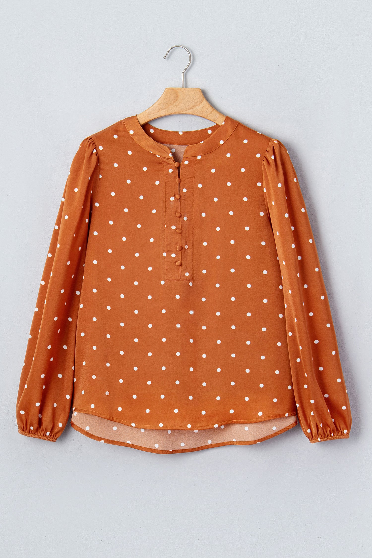 Brown Polka Dot Half Button V Neck Long Sleeve Blouse