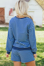 Blue Stripe Drop Shoulder Long Sleeve Pullover Elastic Waist Casual Short Set