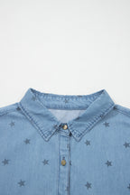 Beau Blue Star Allover Print Double Chest Pocket Short Sleeve Denim Shirt