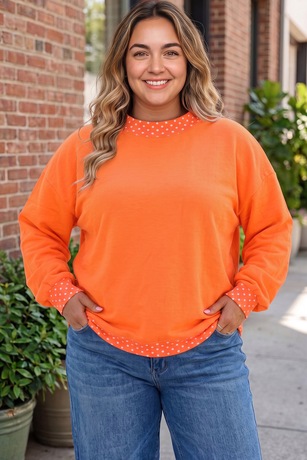 Polka Dot Patchwork Round Neck Plus Size Sweatshirt