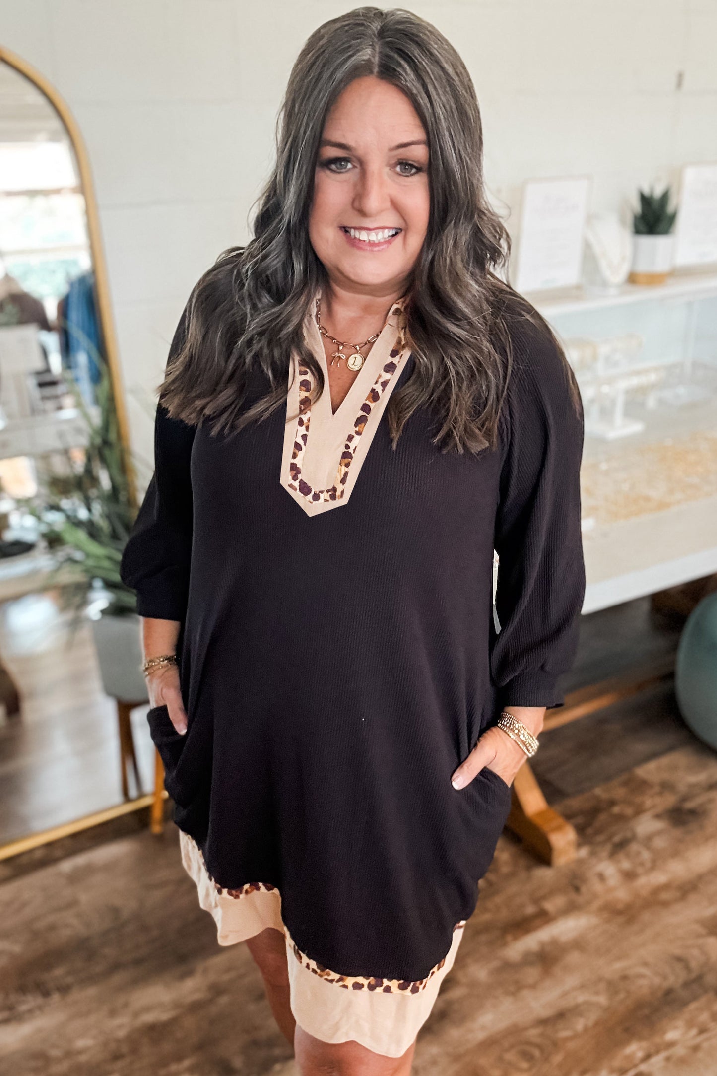 Black Contrast Color Block Leopard Trim Plus Size Ribbed Dress