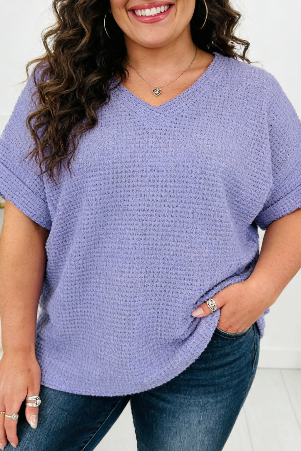 Wisteria V Neck Short Sleeve Plus Size Waffle Knit Top