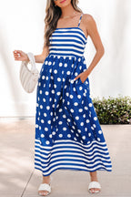 Blue Striped Polka Dot Patchwork High Waist Spaghetti Straps Maxi Dress