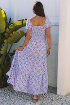 Purple Floral Short Bubble Sleeve Shirred High Waist Maxi Dress