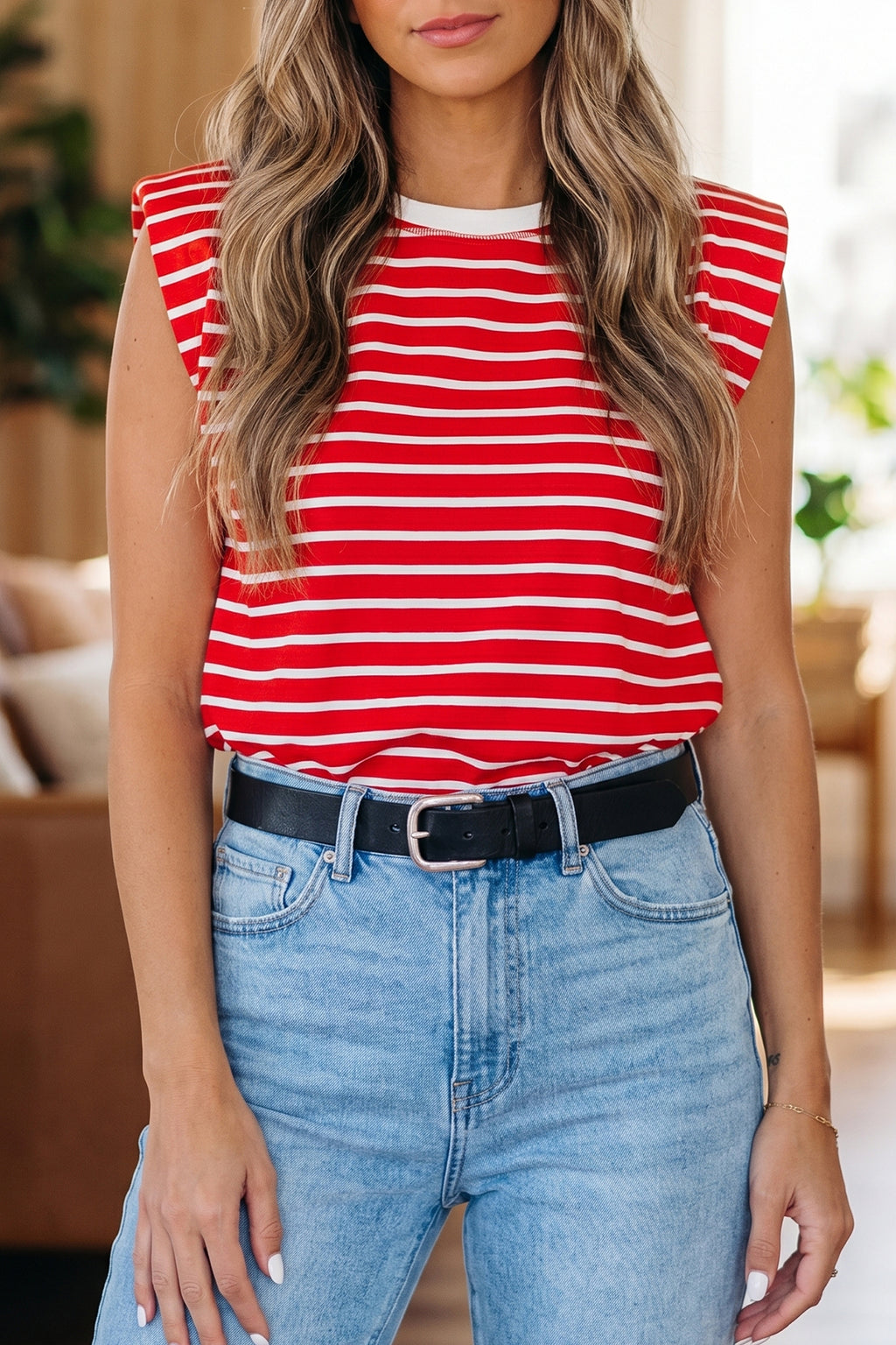 Brown Stripe Ribbed Round Neck Trim Loose Tank Top