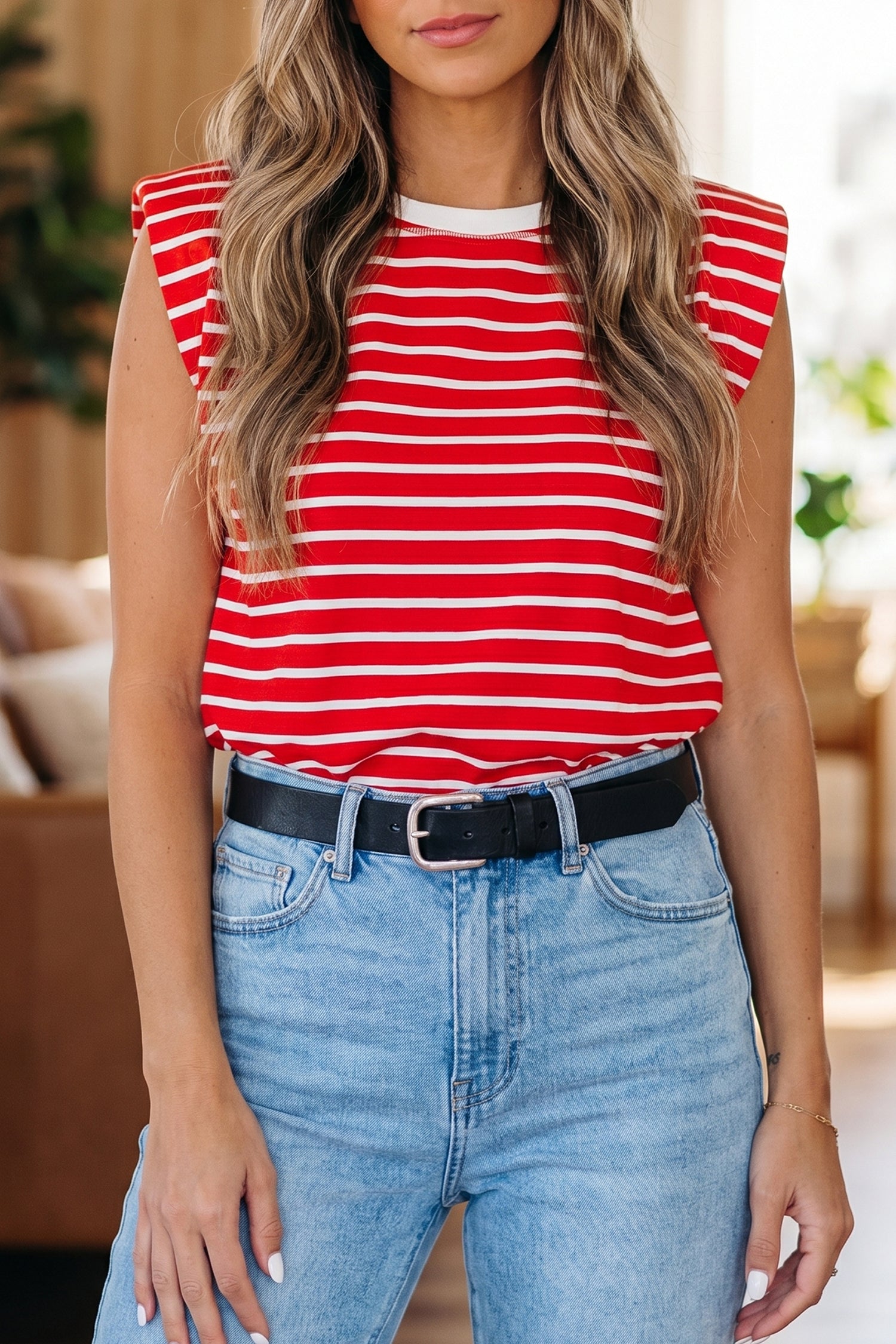 Brown Stripe Ribbed Round Neck Trim Loose Tank Top